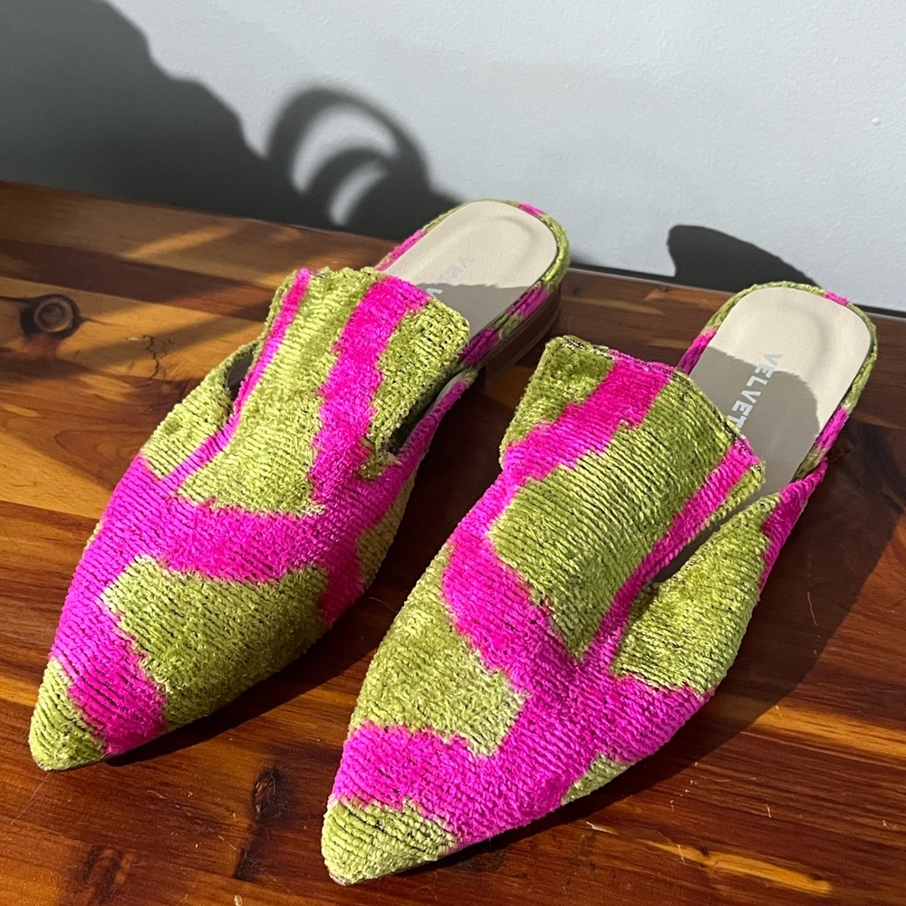 Pointed Slip-On Mules in Pink and Green
